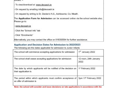 Junior Infants Admission Notice 2022-2023